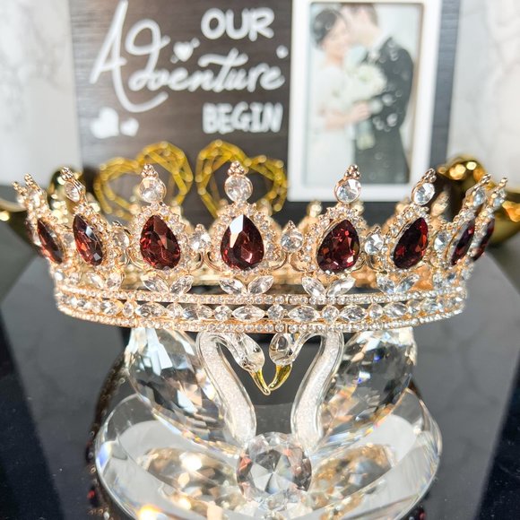 Handmade Accessories - Royal Queen Crown for Women, Wine Red Crystal Wedding Crown, Prom Party XL Crown